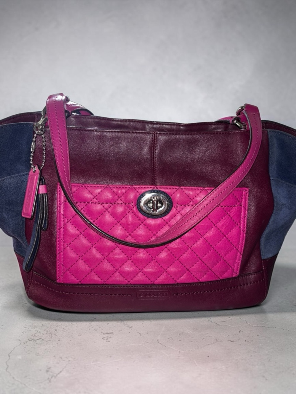 ~SOLD~Coach Ashley Colorblock Leather Tote F24869 Burgundy Pink Suede Turnlock